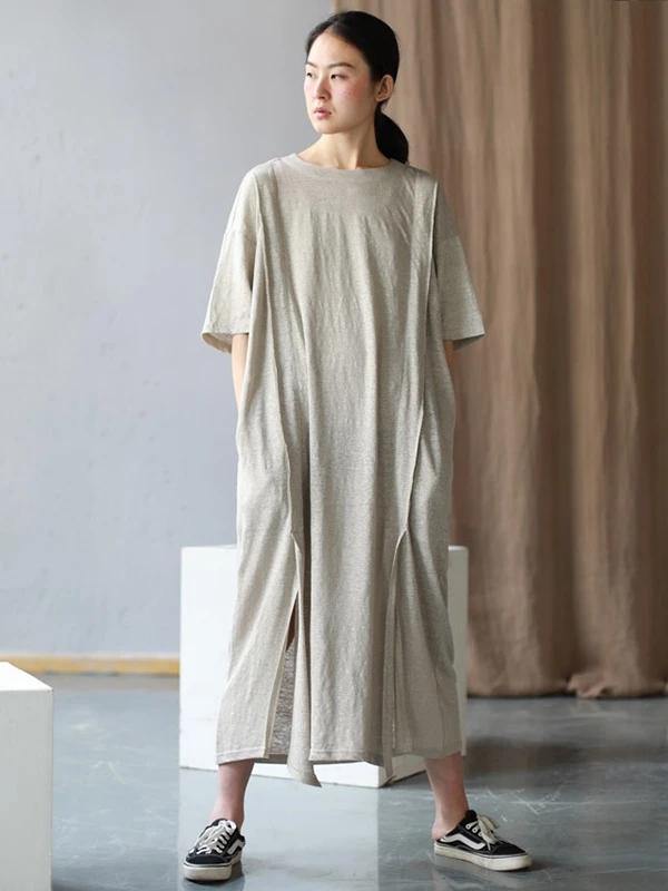 Style O Neck Side Open Cotton Tunics Work Outfits Beige Long Dresses Summer