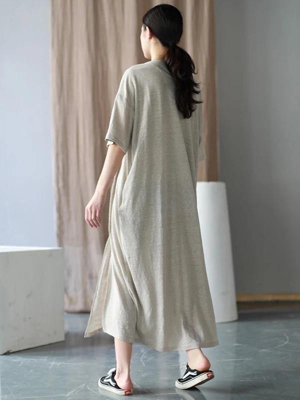 Style O Neck Side Open Cotton Tunics Work Outfits Beige Long Dresses Summer