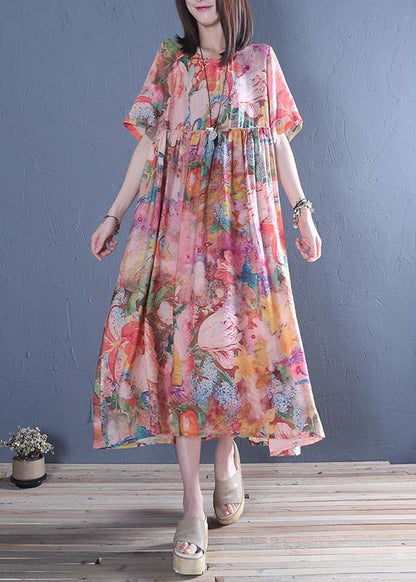 Style O Neck Cinched Cotton Tunic Dress Pink Print Maxi Dress