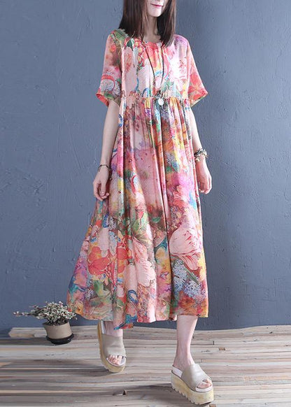Style O Neck Cinched Cotton Tunic Dress Pink Print Maxi Dress
