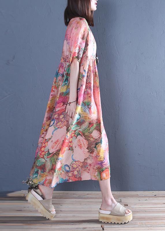 Style O Neck Cinched Cotton Tunic Dress Pink Print Maxi Dress