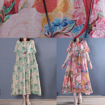 Style O Neck Cinched Cotton Tunic Dress Pink Print Maxi Dress
