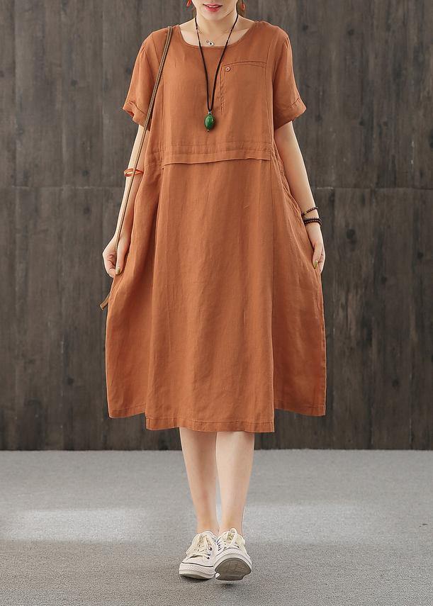 Style Orange Long Shirts O Neck Patchwork Cotton Dress