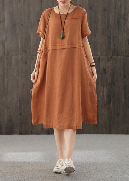 Style Orange Long Shirts O Neck Patchwork Cotton Dress