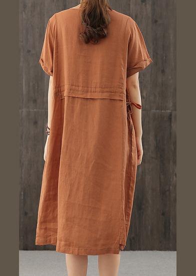 Style Orange Long Shirts O Neck Patchwork Cotton Dress