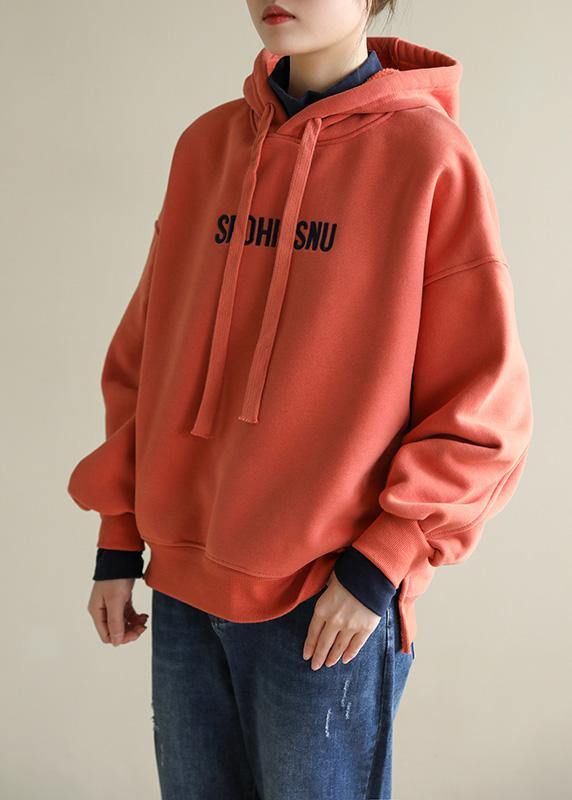 Style Orange Cotton Tunic Top Embroidery Oversized Hooded Blouses
