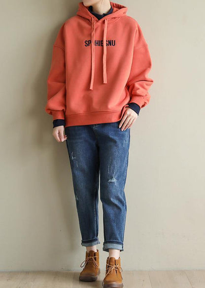 Style orange cotton tunic top embroidery oversized hooded blouses