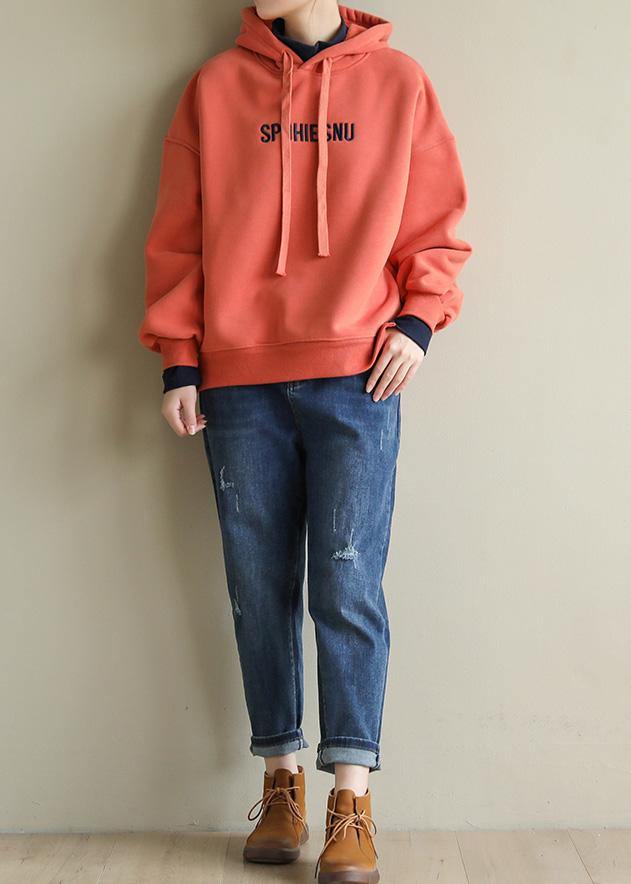 Style Orange Cotton Tunic Top Embroidery Oversized Hooded Blouses