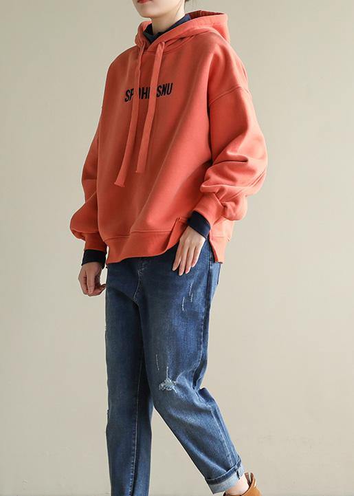 Style orange cotton tunic top embroidery oversized hooded blouses