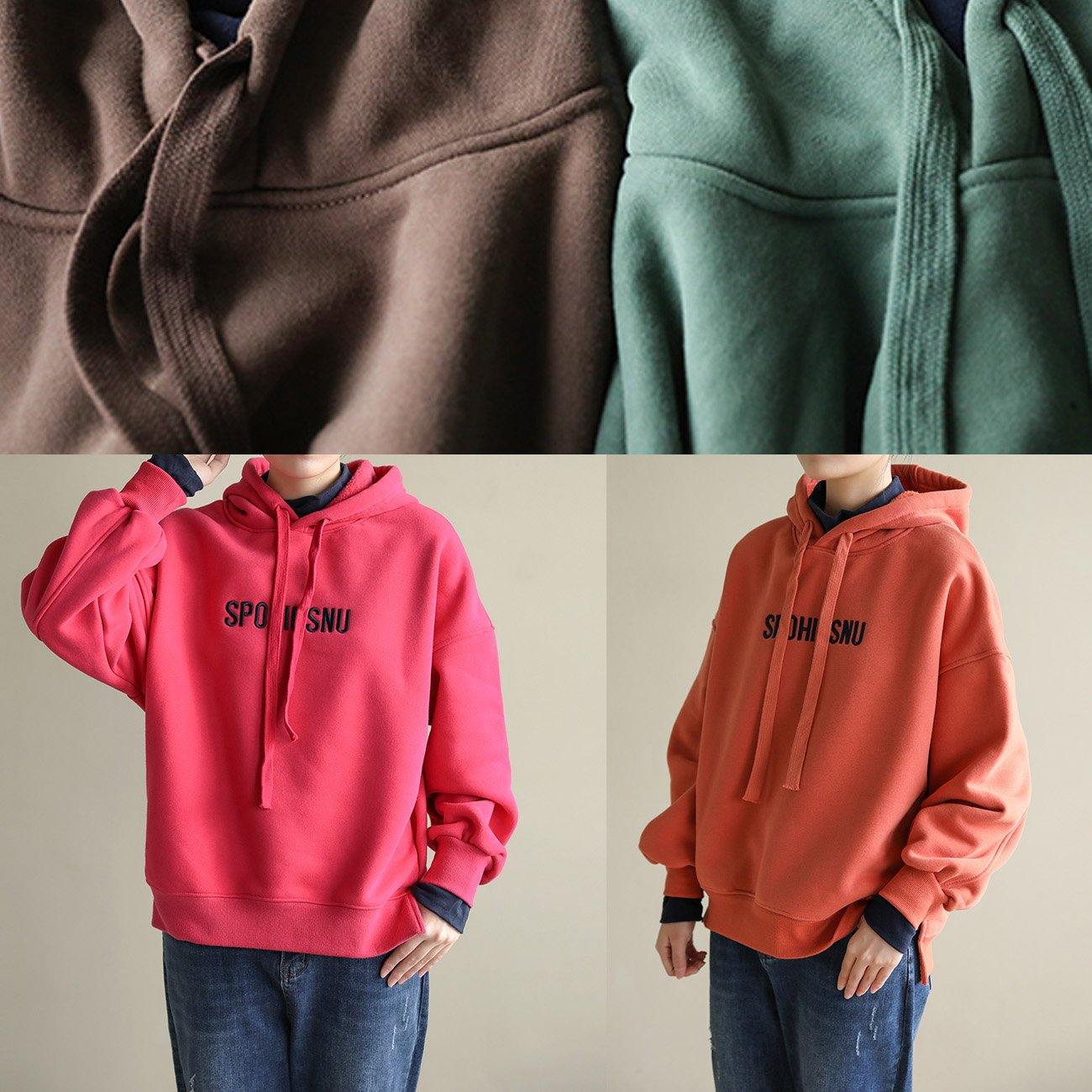 Style orange cotton tunic top embroidery oversized hooded blouses