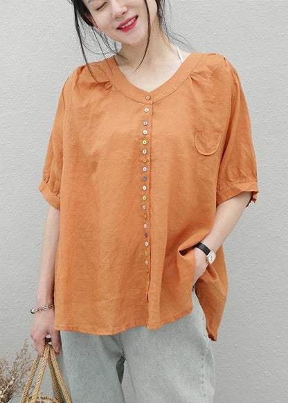 Style Orange Linen Top O Neck Short Sleeve Midi Shirts