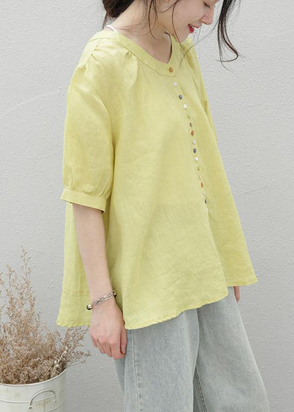 Style Orange Linen Top O Neck Short Sleeve Midi Shirts