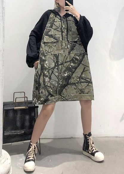 Style Patchwork Cotton Tunic Pattern Hooded Loose Fall Dress