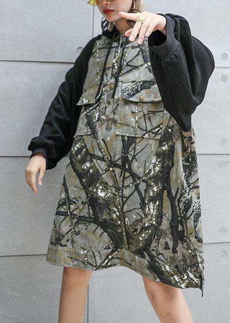 Style Patchwork Cotton Tunic Pattern Hooded Loose Fall Dress