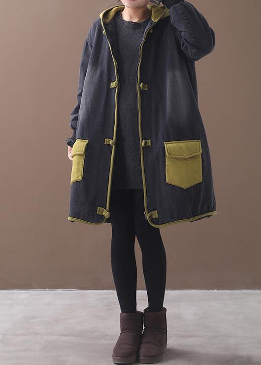 Style Patchwork Fine Long Coats Design Chinese Button Yellow Hooded Coats
