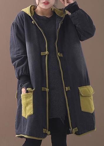 Style Patchwork Fine Long Coats Design Chinese Button Yellow Hooded Coats