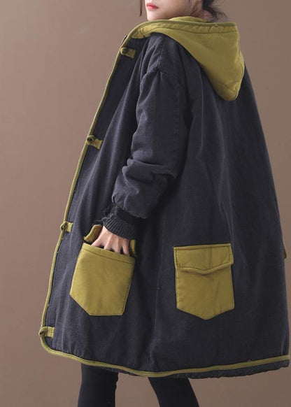 Style Patchwork Fine Long Coats Design Chinese Button Yellow Hooded Coats