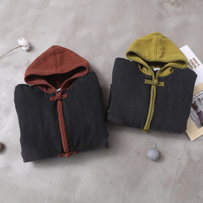 Style Patchwork Fine Long Coats Design Chinese Button Yellow Hooded Coats