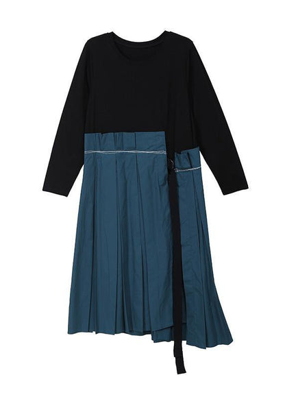 Style Patchwork Cotton O Neck Dresses Pattern Black Dress