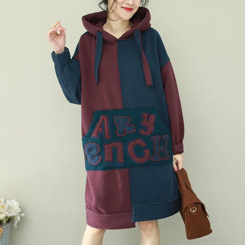 Style Patchwork Cotton Tops Sleeve Blue Burgundy Daily Tops