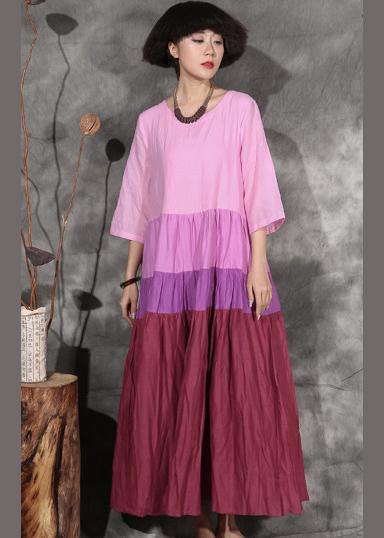 Style Patchwork Linen Clothes for Linen Pink Dresses Summer