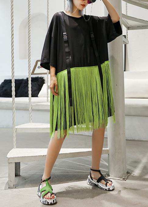 Style Patchwork Tassel Cotton Clothes Black Dresses Summer