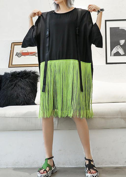 Style Patchwork Tassel Cotton Clothes Black Dresses Summer