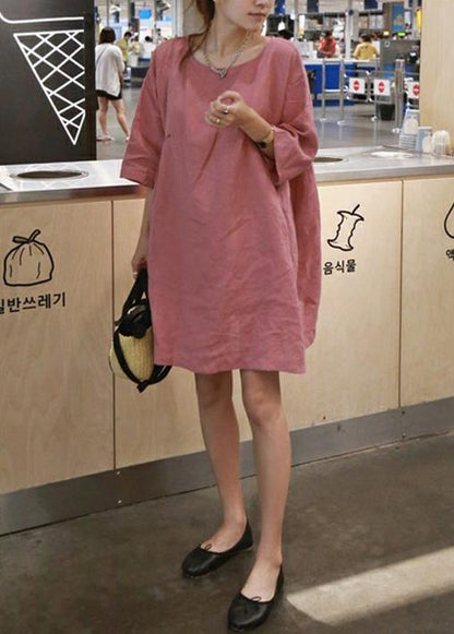 Style Blue Cotton Linen Outfit O Neck Cinched a Line Summer Dresses