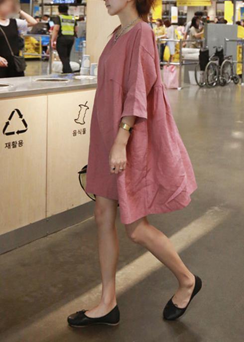 Style Blue Cotton Linen Outfit O Neck Cinched a Line Summer Dresses