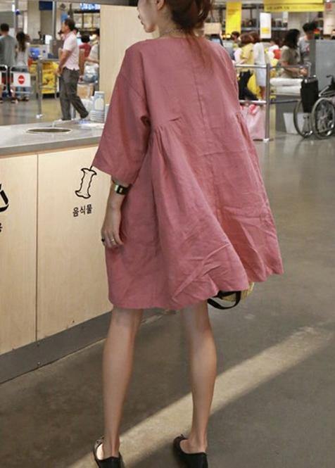 Style Blue Cotton Linen Outfit O Neck Cinched a Line Summer Dresses
