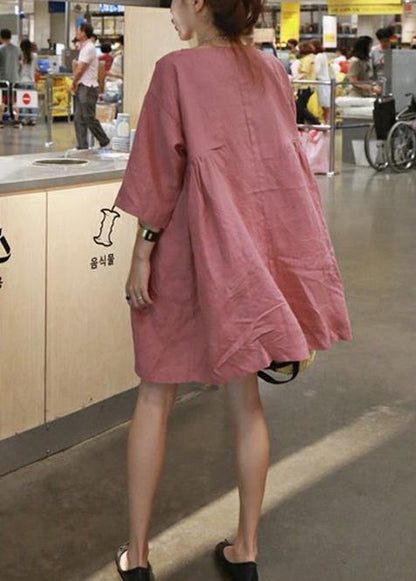 Style Blue Cotton Linen Outfit O Neck Cinched a Line Summer Dresses