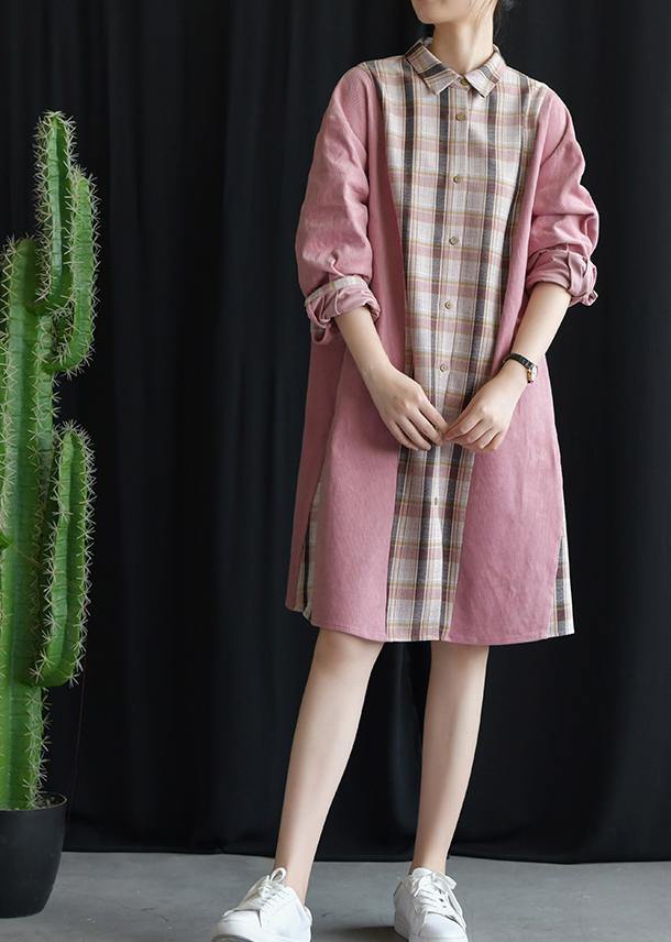 Style Pink Patchwork Plaid Cotton Clothes Lapel Tie Waist Fall Dresses