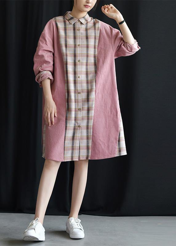Style Pink Patchwork Plaid Cotton Clothes Lapel Tie Waist Fall Dresses