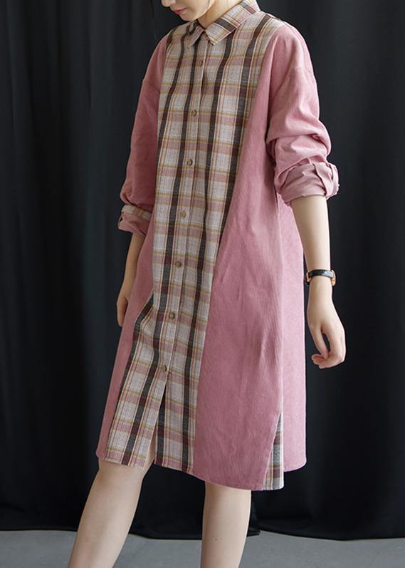 Style Pink Patchwork Plaid Cotton Clothes Lapel Tie Waist Fall Dresses