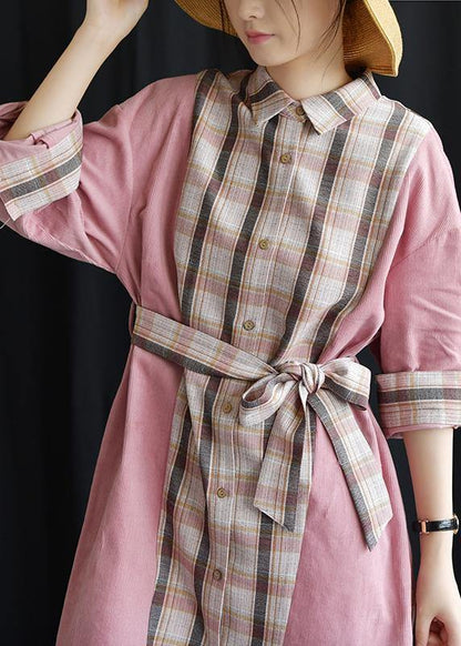 Style Pink Patchwork Plaid Cotton Clothes Lapel Tie Waist Fall Dresses
