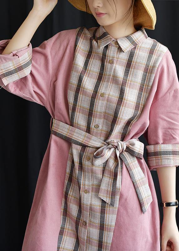 Style Pink Patchwork Plaid Cotton Clothes Lapel Tie Waist Fall Dresses