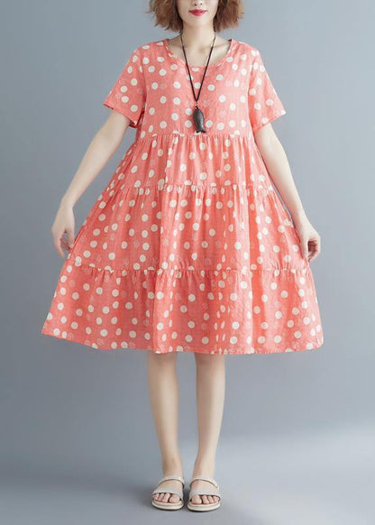 Style Pink Print Cotton Linen Tunics O Neck Cinched Summer Dress