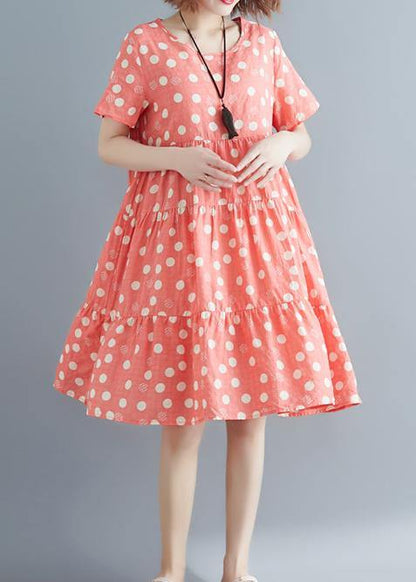 Style Pink Print Cotton Linen Tunics O Neck Cinched Summer Dress
