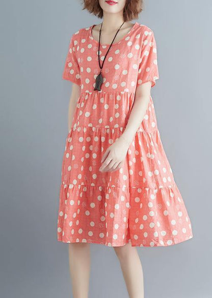 Style Pink Print Cotton Linen Tunics O Neck Cinched Summer Dress