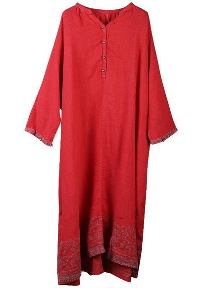Style Pockets Baggy Linen Dresses Catwalk Red Embroidery Dress V Neck