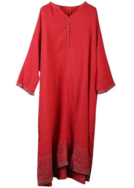Style Pockets Baggy Linen Dresses Catwalk Red Embroidery Dress V Neck