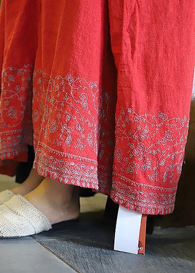 Style Pockets Baggy Linen Dresses Catwalk Red Embroidery Dress V Neck