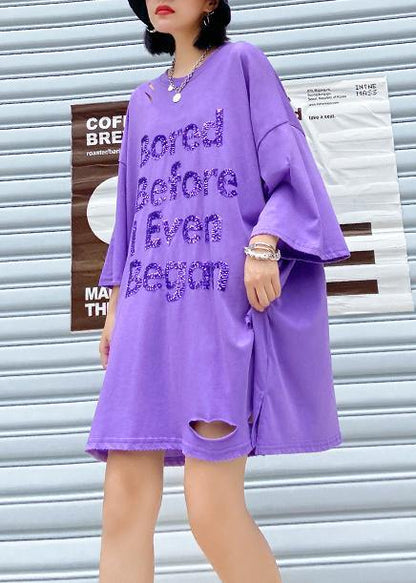 Style Purple Sequined Cotton Quilting Dresses O Neck Hole Loose Summer Dress