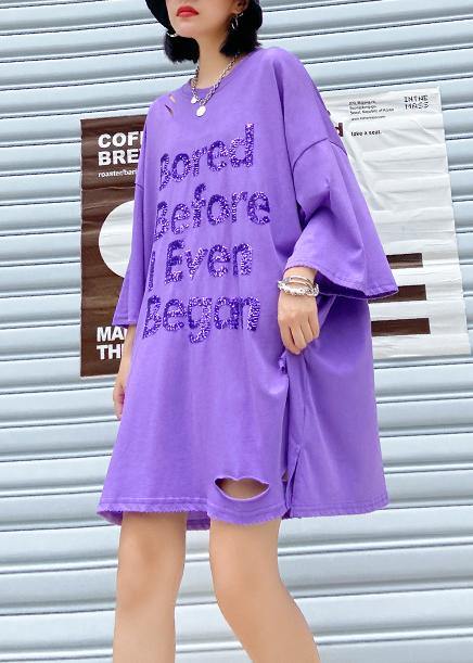 Style Purple Sequined Cotton Quilting Dresses O Neck Hole Loose Summer Dress