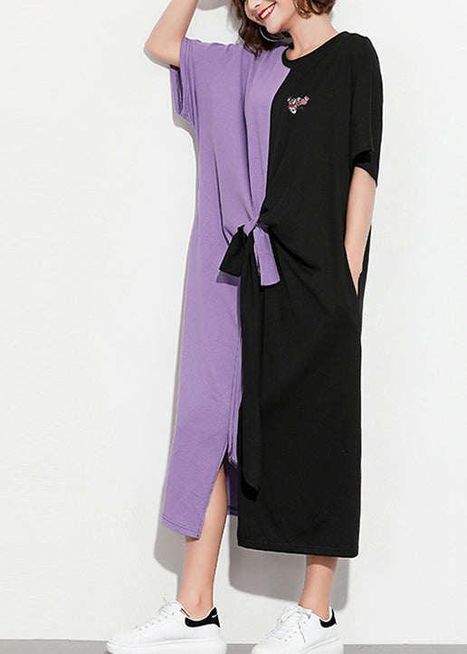 Style Purple Black Cotton Clothes Shirts O Neck Patchwork Kaftan Summer Dress
