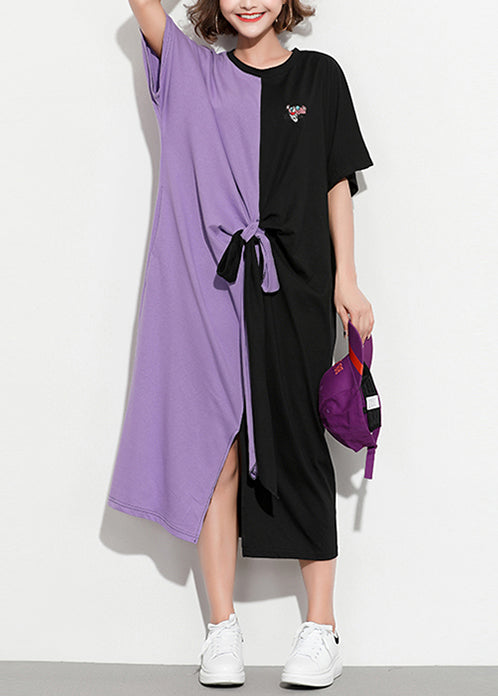 Style Purple Black Cotton Clothes Shirts O Neck Patchwork Kaftan Summer Dress