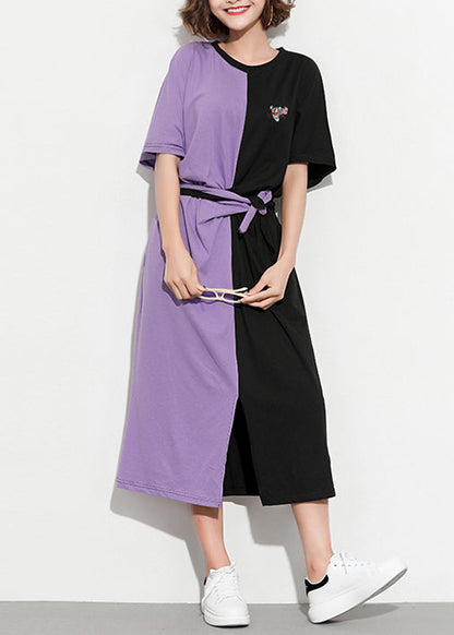 Style Purple Black Cotton Clothes Shirts O Neck Patchwork Kaftan Summer Dress