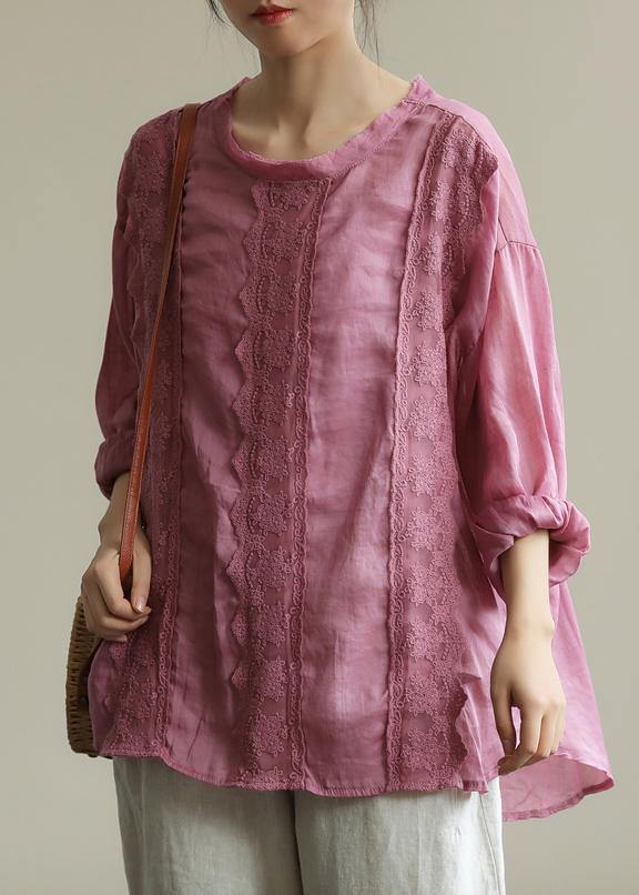 Style purple tunic top o neck patchwork lace Midi fall top