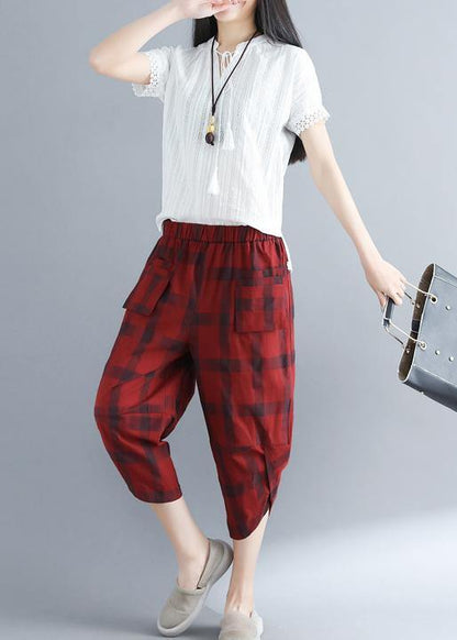 Style Red Plaid Cotton Wardrobes Sweets Art Harem Pants
