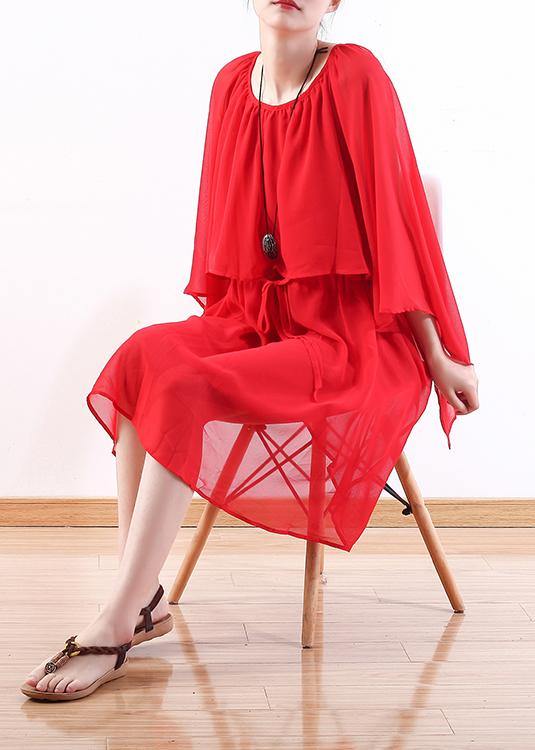 Style Red Chiffon Dresses Stylish Shirts Tie Waist Maxi Summer Dress